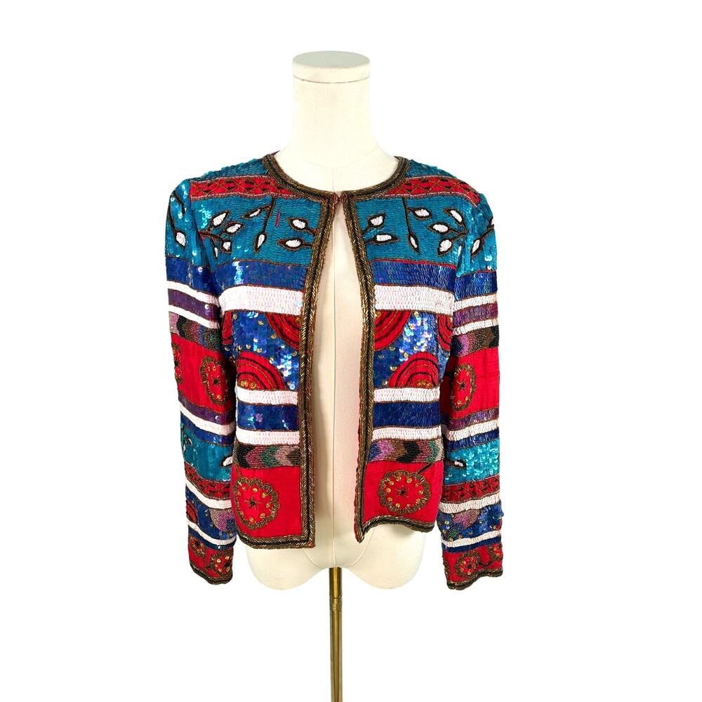 Vintage Leslie Fay Small Silk Beaded Sequin Bolero Jacket Western Glam VTG EUC